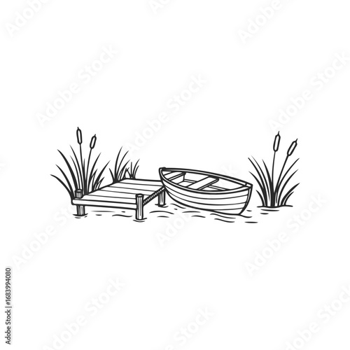 Dock with rowboat and reeds in black and white sketch