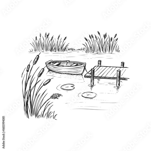 Peaceful lakeside scene with rowboat and wooden dock in serene nature illustration