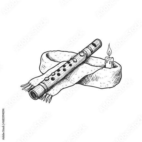 Hand-drawn wooden flute with candle and cloth illustration in black and white