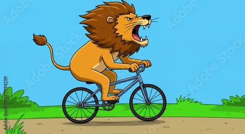 Lion riding bicycle cartoon illustration
