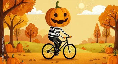 Pumpkin head riding bicycle autumn landscape