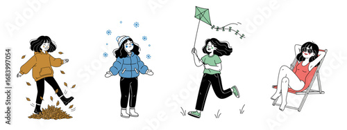 Cute Four Seasons Illustration Set: A young girl enjoying autumn leaves, winter snow, spring kite flying, and summer beach relaxation.