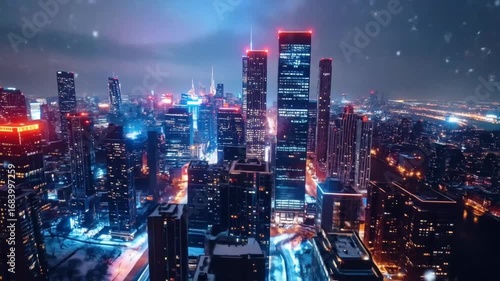 Wallpaper Mural Futuristic Cityscape at Night with Snowfall and Neon Lights Torontodigital.ca