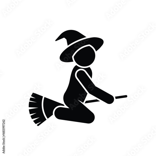 halloween character flying, icon man with broom, stickman witch, sticks human figure silhouette