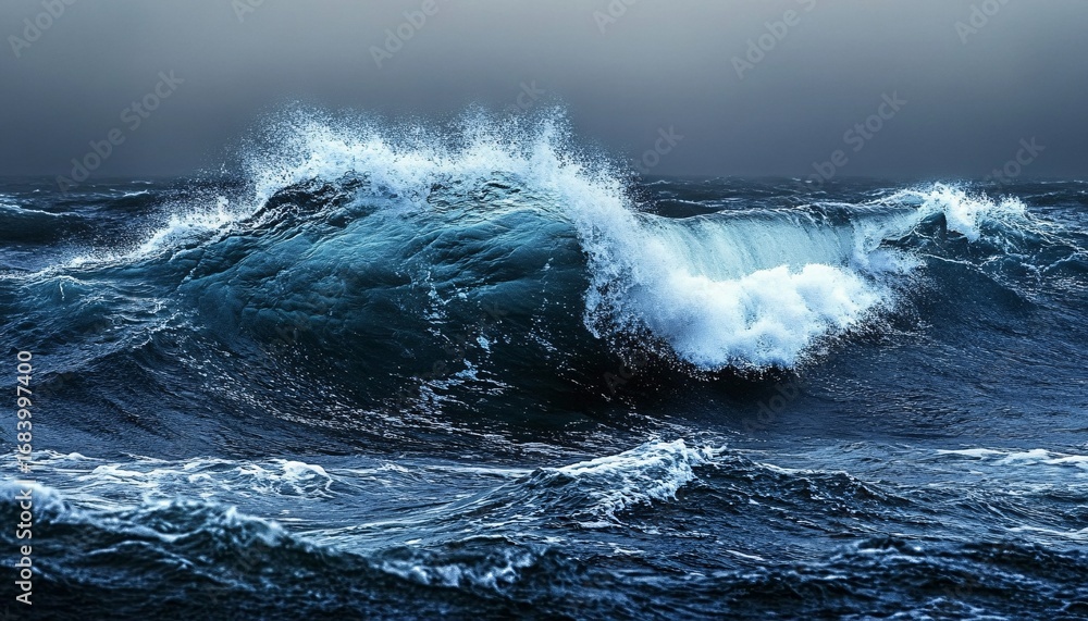 Naklejka premium A large wave with whitecaps is seen in the foreground of this image, set against a dark, stormy ocean and sky.