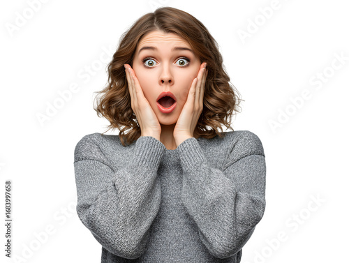 Astonished Woman, Shocked Expression, Amazement, Surprise, Grey Sweater, Close-up Portrait, Isolated on Black Background