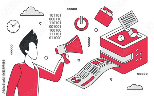 Modern digital printing workflow with person, printer, documents, and binary code in red monocolor style, highlighting technology and communication on white background vector illustration