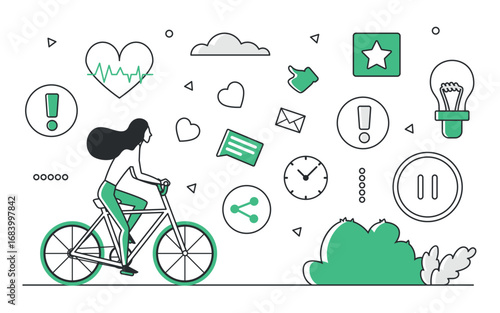 Woman riding green sport bike surrounded by health, fitness, and communication icons, promoting active lifestyle and wellness, isolated on white background vector illustration