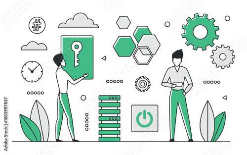 Modern concept showing system support, data security, and IT management with green monocolor elements, gears, server, and key icons for technology solutions vector illustration