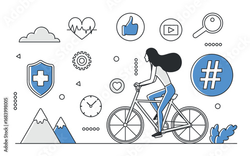Active woman cycling surrounded by health, fitness, and social media icons in blue monocolor style, promoting healthy lifestyle and online engagement isolated on white background vector illustration