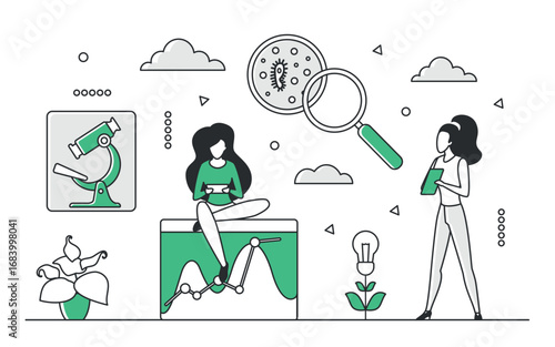 Scientists analyzing data, microscope, and plant biology with green monocolor theme, highlighting biotechnology innovation and laboratory research isolated on white background vector illustration