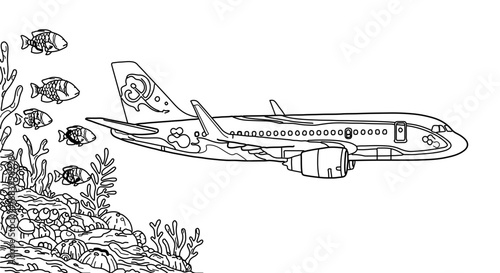 Airplane flying over coral reef with fish in black and white