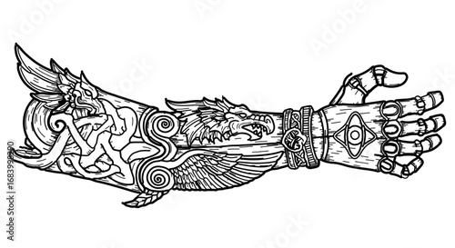 Illustration of a viking gauntlet with dragon and celtic knot design