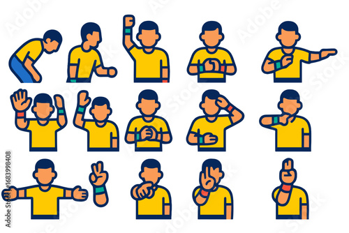 Series of cartoonish drawings of men in yellow shirts with their arms crossed