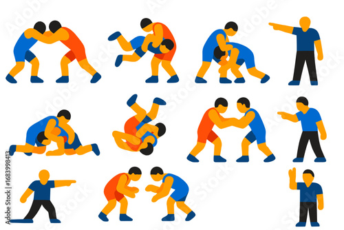 Series of cartoonish images of people wrestling