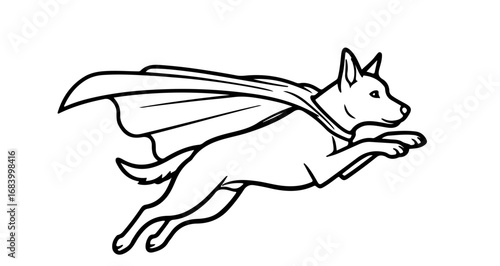 Illustration of a super dog wearing a cape, , in a simple black and white style