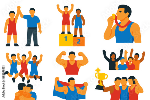 Collection of cartoonish images of athletes celebrating their victories