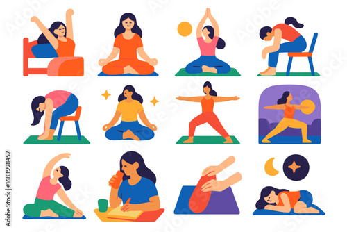 Series of women doing various yoga poses