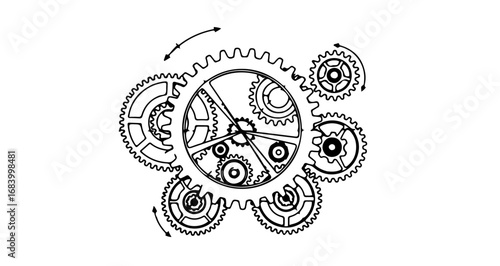 Illustration of a complex gear mechanism with multiple gears interlocking and rotating