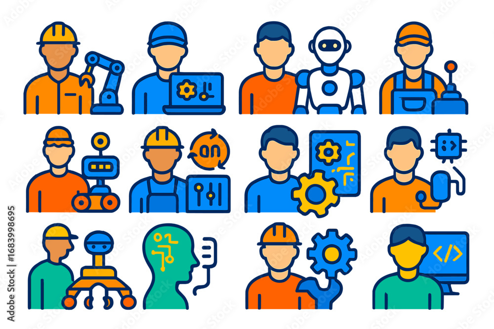 Fototapeta premium Robotics Career Icons. Flat vector icons of robotic careers: robotics engineer, automation technician, mechatronics specialist,