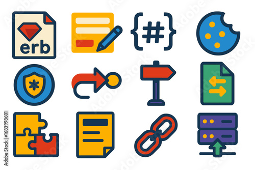 Ruby Web Development Icons. Flat vector icons of Ruby web development: HTML ERB file, form helper, params hash, session cookie,