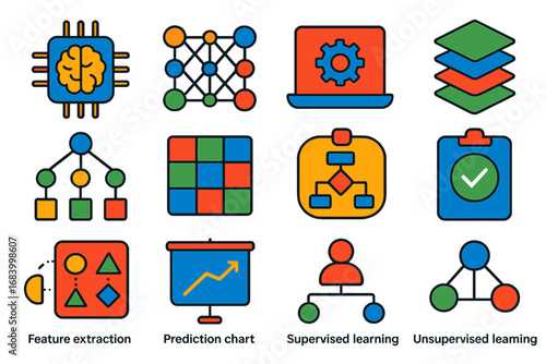 AI Essentials Icons. Flat vector icons of artificial intelligence basics: AI brain chip, neural network diagram, machine learning