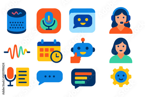 AI Assistant Icons. Flat vector icons of AI-powered assistants: smart speaker, voice assistant, chatbot window, virtual assistant