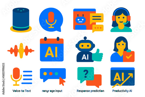 AI Assistant Icons. Flat vector icons of AI-powered assistants: smart speaker, voice assistant, chatbot window, virtual assistant