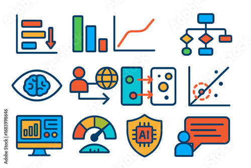 Model Interpretability Icons. Flat vector icons of model interpretability: SHAP values icon, feature importance bar, partial