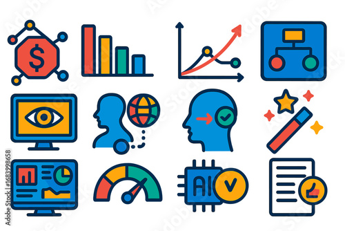 Model Interpretability Icons. Flat vector icons of model interpretability: SHAP values icon, feature importance bar, partial