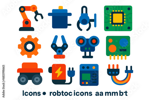 Robotics Icon Set. Flat vector icons of robotics fundamentals: robot arm, servo motor, circuit board, actuator gear, robotic