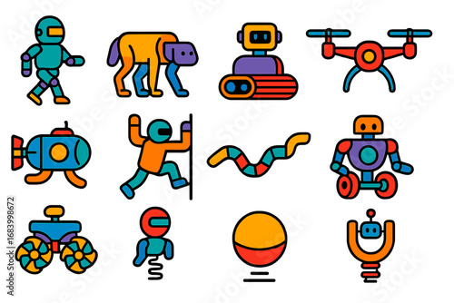 Robotic Locomotion Icons. Flat vector icons of robot locomotion types: biped walking, quadruped robot, tracked movement, wheeled