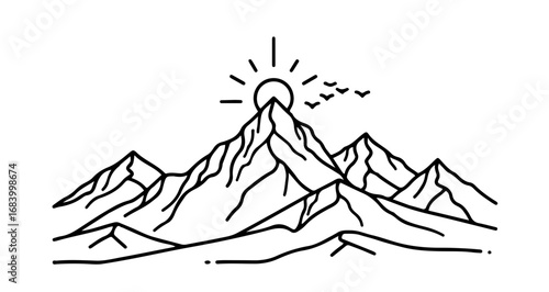 Minimalist line art illustration of mountains with sun and birds