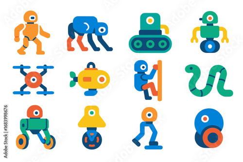 Robotic Locomotion Icons. Flat vector icons of robot locomotion types: biped walking, quadruped robot, tracked movement, wheeled