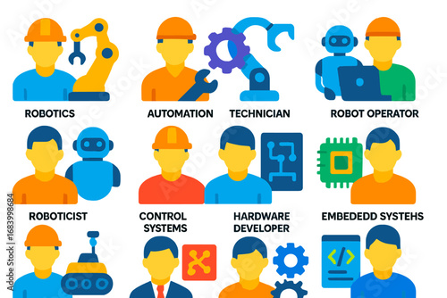 Robotics Career Icons. Flat vector icons of robotic careers: robotics engineer, automation technician, mechatronics specialist,