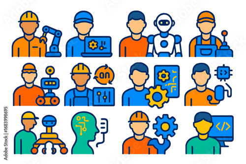 Robotics Career Icons. Flat vector icons of robotic careers: robotics engineer, automation technician, mechatronics specialist,