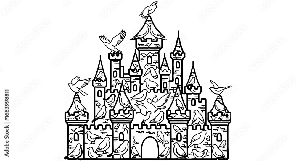 Fototapeta premium Castle with birds fairytale kingdom with flying doves illustration