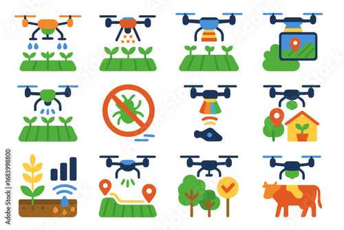 Vibrant Drone Technology Icons. Flat vector icons of drone agriculture use: crop spray drone, seed spreading drone, field