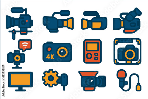 Flat Video Camera Icons. Flat vector icons of video cameras: cinema cam rig, broadcast cam, handheld camcorder, shoulder-mount