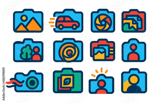Creative Camera Techniques Icons. Flat vector icons of creative camera techniques: long exposure, panning blur, bokeh effect,