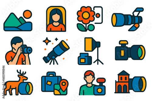 Modern Lens Icons. Flat vector icons of lens usage scenarios: landscape lens, portrait lens, macro close-up, sports telephoto,