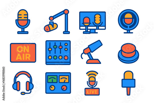 Broadcast Microphone Icons. Flat vector icons of microphones in broadcasting: broadcast desk mic, arm stand mic, radio studio