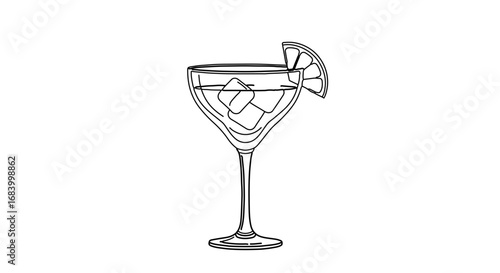 Hand drawn cocktail glass with ice and orange slice