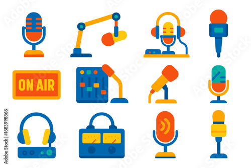Broadcast Microphone Icons. Flat vector icons of microphones in broadcasting: broadcast desk mic, arm stand mic, radio studio