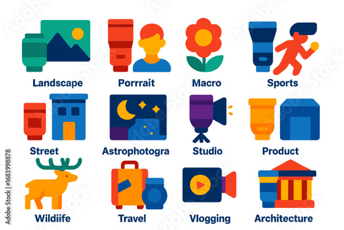 Modern Lens Icons. Flat vector icons of lens usage scenarios: landscape lens, portrait lens, macro close-up, sports telephoto,