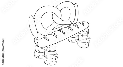 Hand drawn bread chair, a whimsical furniture design made of pretzels and baguette