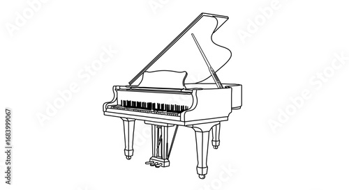 Detailed line drawing of a grand piano for design and art
