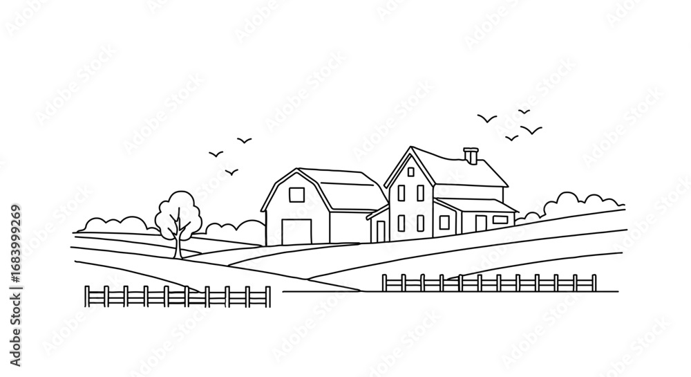 Fototapeta premium Black and white drawing of a farm landscape with barn, house, and fence