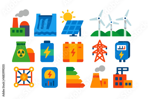 Energy Systems Icons. Flat vector icons of energy systems in engineering: power plant, hydroelectric dam, solar panel array, wind