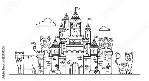 Whimsical castle guarded by charming tigers, a fairytale scene brought to life